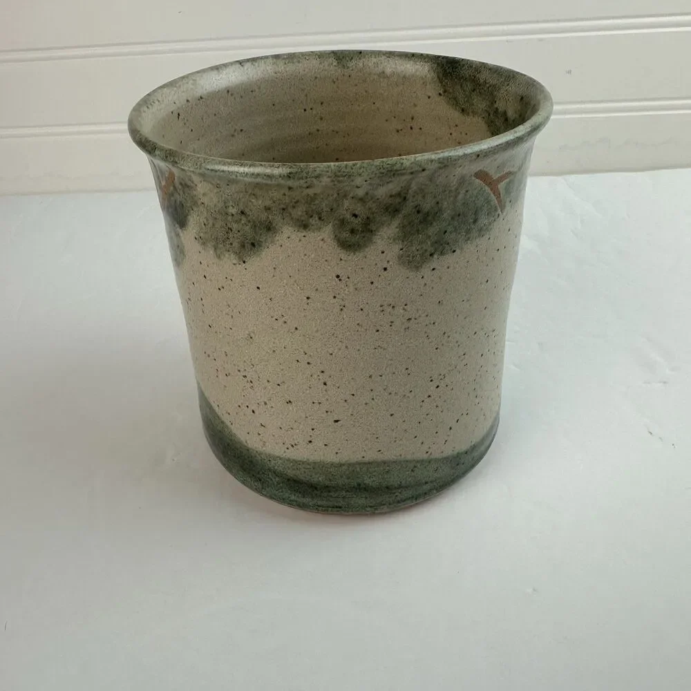 Artisan Utensil Holder Stoneware Art Pottery Crock Painted Tree Green Brown Boho